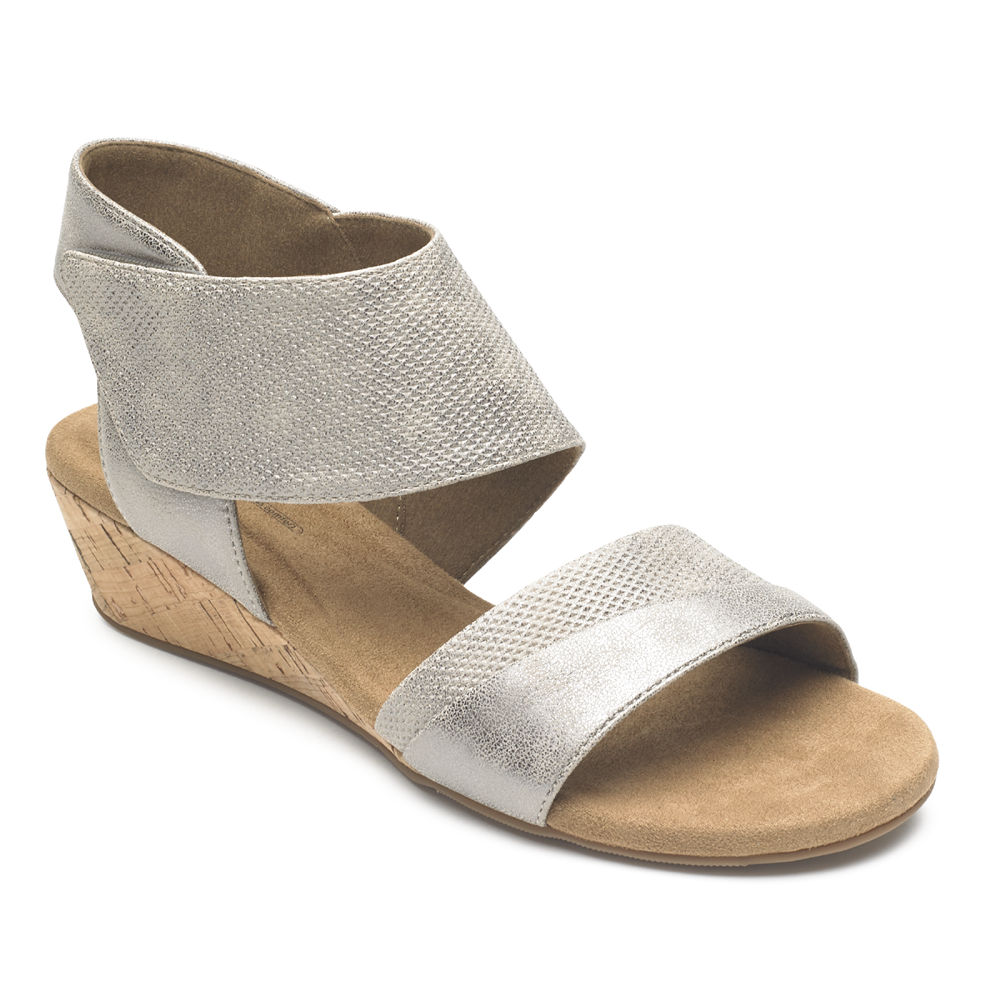 Rockport Womens Calia Mid Wedge Cuff - Sandals Silver - KYZ932675